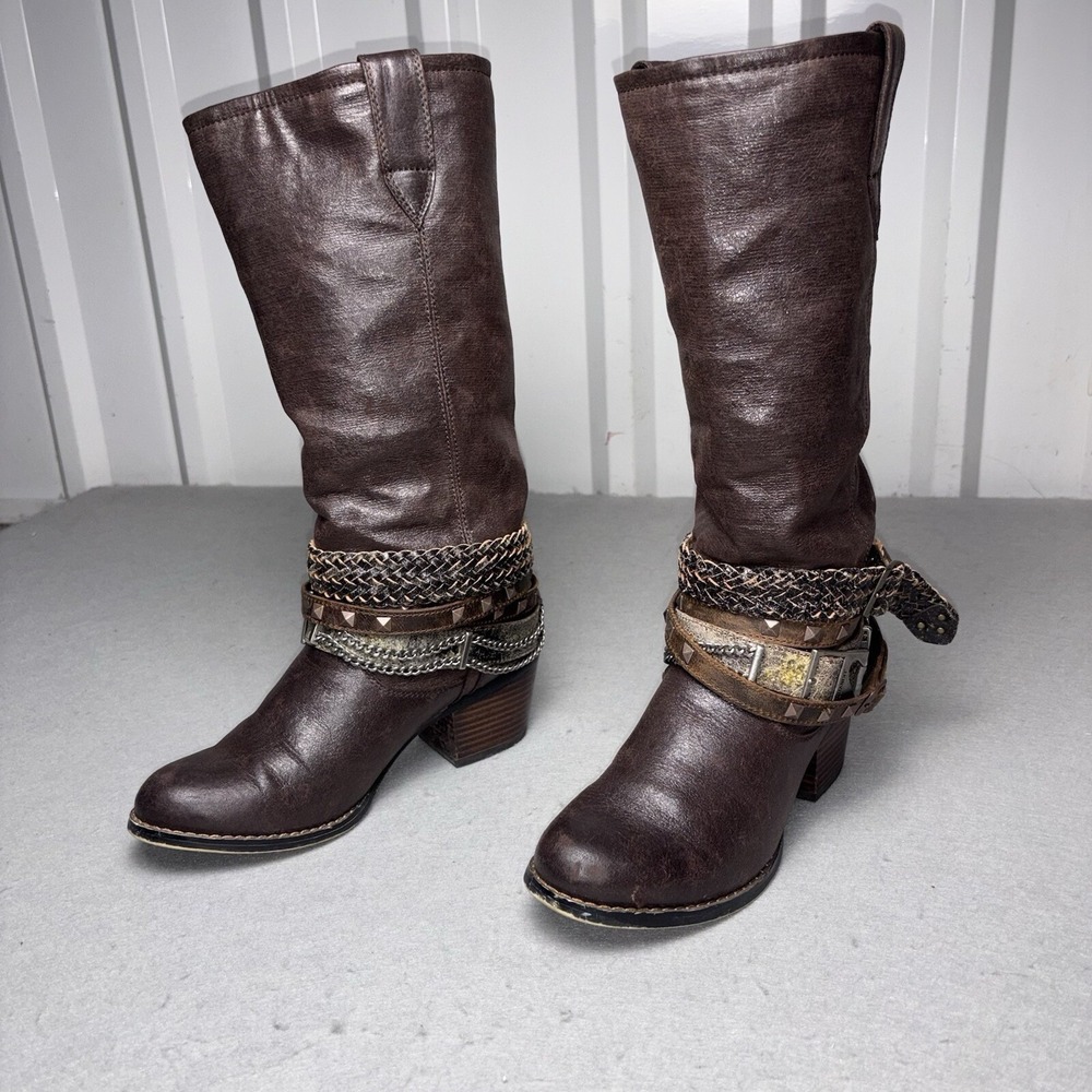Durango Boots Women 8M Brown Philly Harness Studded Chain Western Tall